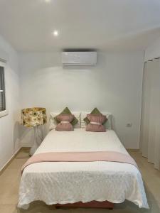 a bedroom with a large bed with pink pillows at Alojamiento de invitados in Sauzal