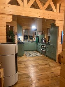 a large kitchen with green cabinets and a wooden ceiling at Chalet - Appartementhaus Alma in Haus im Ennstal