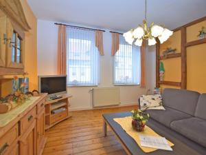 a living room with a couch and a tv at Cosy and comfortable holiday home in the Harz region in Thale