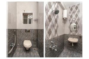 two pictures of a bathroom with a toilet and a sink at Hotel Le Mint OMR in Chennai