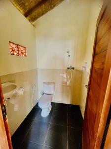a bathroom with a toilet and a sink at Bali Sunrise Cabin in Bangli