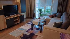 ein Wohnzimmer mit einem Sofa und einem TV in der Unterkunft Стаи за гости Анхиало in Pomorie