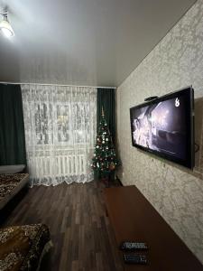 sala de estar con árbol de Navidad y TV de pantalla plana en 5 мин международный аэропорт en Prigorodnyy