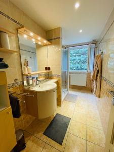 La salle de bains est pourvue d'un lavabo et d'une douche. dans l'établissement Chalet Barcelonnette - location saisonnière, à Barcelonnette