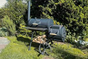 a grill sitting in the grass next to some bushes at -The Urbanist- Mountainview Parking Garden 3BD in Unterseen