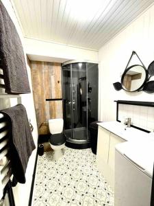 La salle de bains est pourvue d'une douche et de toilettes. dans l'établissement Le Gonnet -Baroque et centre ville-, à Saint-Étienne
