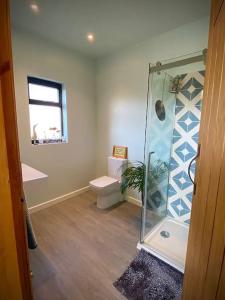 a bathroom with a shower and a toilet and a window at Bluebell Annexe in Little Grandsen