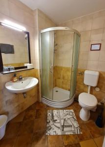 a bathroom with a shower and a toilet and a sink at Rooms Lara in Zagreb