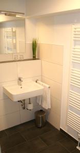 W białej łazience znajduje się umywalka i lustro. w obiekcie Lahn Hotel w mieście Biedenkopf