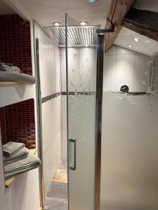eine Dusche mit Glastür im Bad in der Unterkunft Ferienwohnung An der Berndtmühle in  Oderwitz