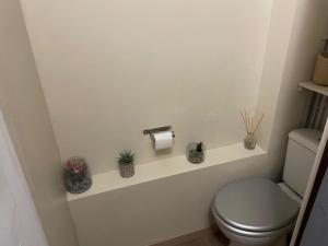 a bathroom with a toilet and a toilet paper holder at Chez nous piste noire in Briançon