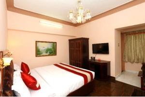 1 dormitorio con 1 cama con almohadas rojas y TV en Hotel Mount View, en Kodaikanal