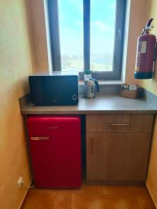 a small kitchen with a red refrigerator and a window at Podveský mlýn in Tlumačov +34 photos