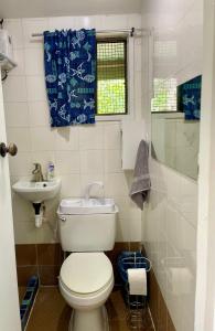 a small bathroom with a toilet and a sink at Ngermid Oasis Cozy 2 BD 1BA Home, Scenic View, Secluded, Beautiful Location in Koror