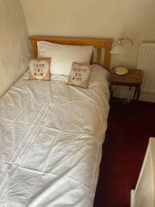 a white bed with two pillows on top of it at Lovely peaceful 2 bed cottage in Llandderfel