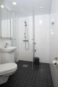 a bathroom with a shower and a toilet and a sink at Holiday Apartment Aava 3 in Rovaniemi