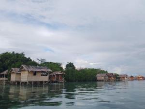 a group of houses on stilts in the water at Arborek Diving Homestay R4 in Besir