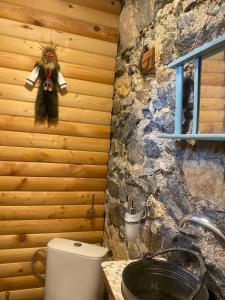 een badkamer met een toilet en een demon aan de muur bij Каменната къща in Borovo