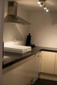 a kitchen with a stove top oven sitting on a counter at Souterrain aan zee in Noordwijk