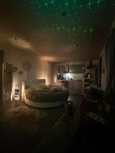 - une chambre dotée d'un lit avec des lumières vertes au plafond dans l'établissement La bulle à bonheur - Spa privatif, 