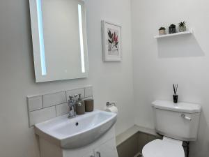 a white bathroom with a toilet and a sink at 1 Bed in Fakenham 90683 in Fakenham