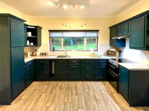 a kitchen with green cabinets and a wooden floor at 3 bed in Pontdolgoch 90709 in Aberhafesp