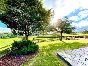 a park with two trees and a fence at 3 bed in Pontdolgoch 90709 in Aberhafesp