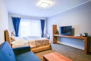 pokój hotelowy z łóżkiem i telewizorem w obiekcie Hotel & Restaurant Pod Kaštany w mieście Krupka