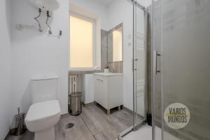 y baño blanco con aseo y ducha. en Calido apartamento de 3 hab en el Centro de Madrid, en Madrid