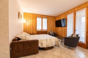 a bedroom with a bed and a chair and a television at Chalet Le Valserine les Bouvettes in Lélex