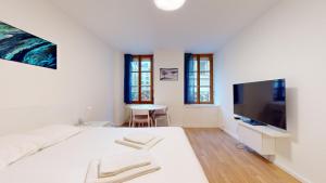 a white bedroom with a large bed and a tv at Modern studio in the heart of Geneva in Geneva +4 photos