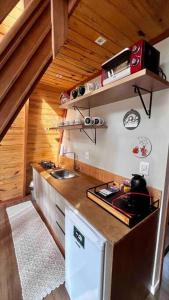 uma pequena cozinha com um fogão e um lavatório em Chalé de madeira com vista para o rio em Pomerode