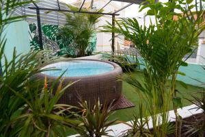 a swimming pool in a garden with plants at Villa Paraíso da Caparica in Charneca