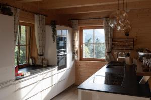 eine Küche mit Holzwänden, Arbeitsflächen und Fenstern in der Unterkunft Steindl Hütte in Deutschfeistritz