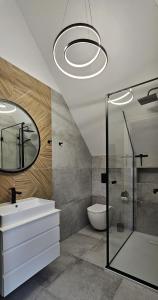 ein Badezimmer mit einem WC, einem Waschbecken und einem Spiegel in der Unterkunft Osada Karkonosze in Dziwiszów