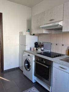 een keuken met een wasmachine, een fornuis en een koelkast bij Appartement des 3 frontières in Saint-Louis