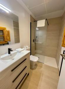 a bathroom with a sink and a toilet and a shower at Centrico Apt 7pax en Anton Martin-Centro in Madrid