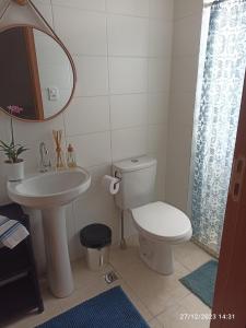 a bathroom with a toilet and a sink and a mirror at AP da Karine a 700 metros da praia da Guilhermina in Praia Grande
