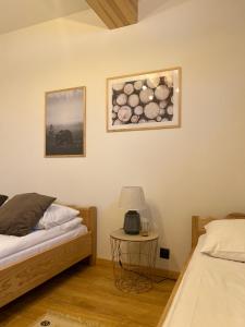 een slaapkamer met 2 bedden en een tafel met een lamp bij Babcia Góralka house in Bukowina Tatrzańska