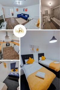 uma colagem de fotos de um quarto com duas camas em Great prices on long stays!-Luna Apartments Washington em Washington