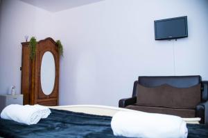 a bedroom with a bed and a chair and a mirror at Studio Sonia - Tordosan Central - #2 in Sibiu