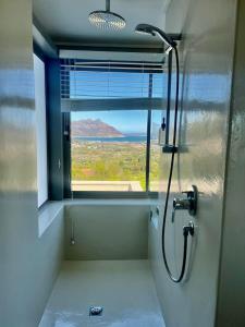 a bathroom with a shower with a view of a window at Pure Guest House in Hout Bay