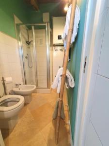 łazienka z toaletą, prysznicem i szczotką toaletową w obiekcie La Casetta di Angela w mieście Rivarolo Canavese