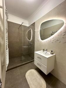 a bathroom with a sink and a shower with a mirror at Berzsenyi Apartmanház in Kaposvár