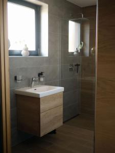 a bathroom with a sink and a shower at Apartmány Staroměstská romance in Staré Město