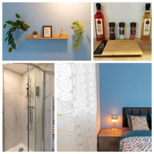 eine Collage mit Bildern eines Badezimmers mit Dusche in der Unterkunft Le Beau Refuge Parisien de Cergy - Parisian modern flat at Cergy in Cergy
