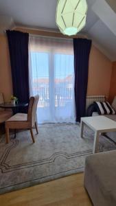 uma sala de estar com uma grande janela e um sofá em Lux Apartments With Pool Dex em Zemun Polje