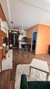 uma sala de estar com um sofá e uma mesa em Lux Apartments With Pool Dex em Zemun Polje