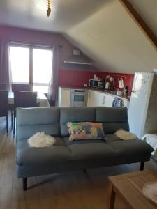 een woonkamer met een blauwe bank in een keuken bij A l'orée du Bois in Landelies
