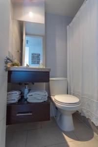 uma casa de banho com um WC, um lavatório e um espelho. em Kennedy Apartments Los Militares em Santiago